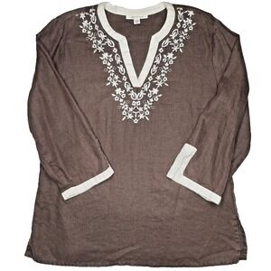VTG JM Collection Top Womens 12 100% Linen Embroidered Tunic 3/4 Sleeve Resort